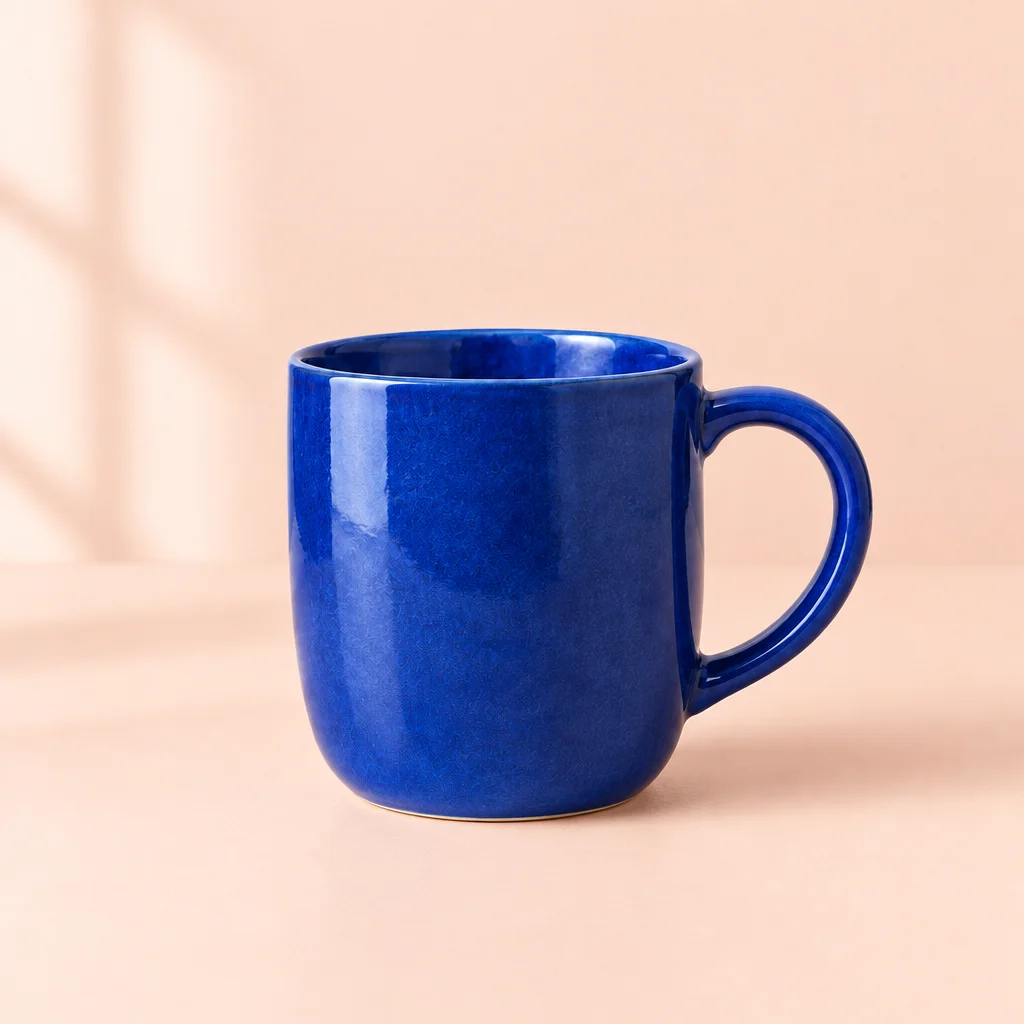 Blue ceramic cup on a peach background