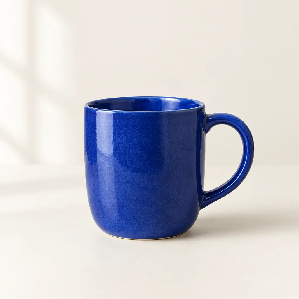 Blue ceramic cup on a warm ivory background