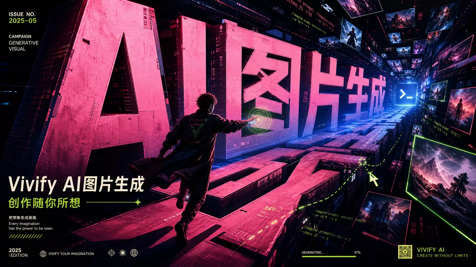 空间文字封面生成器预览图，展示巨型中文透视标题和电影感封面效果