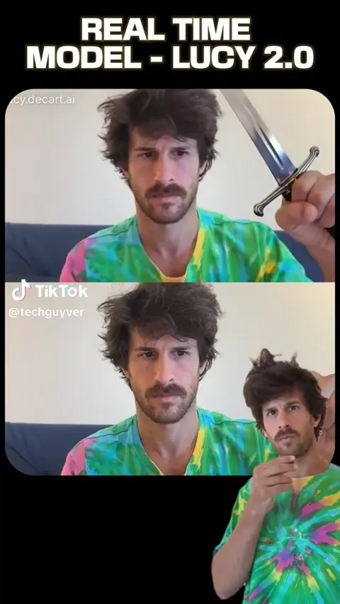 Realtime Lucy face swap demo thumbnail with a man holding a small sword and a transformed face output